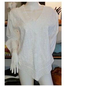 NWOT crisp white cotton embroidery asymetric v-neck blouse large
